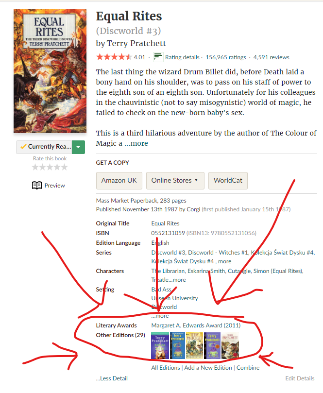 Good Reads site showing Equal Rites edition change