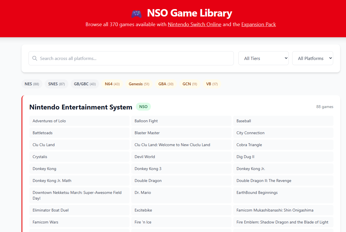 Screenshot of NSO Game Library